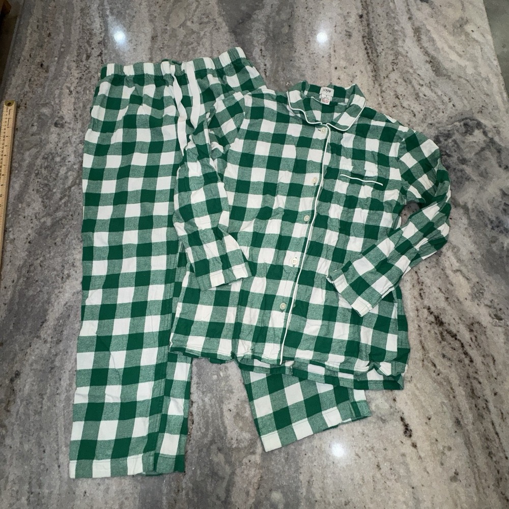 J. Crew Women's Medium Pajama Set Long Sleeve Green White Gingham Holiday Classy